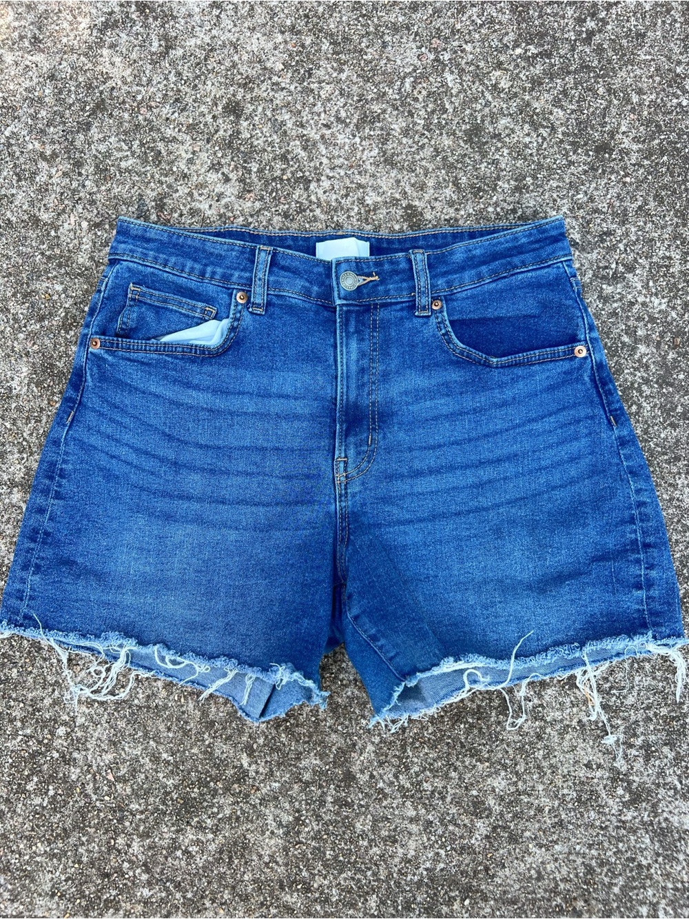 H&M High Rise Medium Wash Denim Shorts Frayed Raw Hem Women’s Size 10